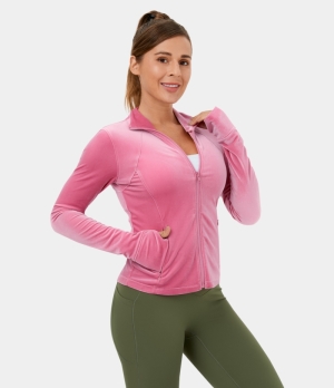 Halara Collared Zipper Thumb Hole Side Pocket Velvet Casual Jacket Women's Tops Pink | YJLAKCS-34
