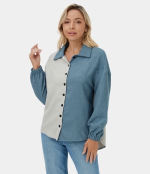 Halara Color Block Collared Button High Low Corduroy Casual Jacket Women's Tops Spring Lake | GYKCMJX-12