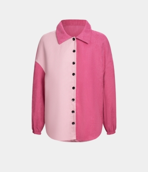 Halara Color Block Collared Button High Low Corduroy Casual Jacket Women's Tops Pink Lemonade | KTQOPHU-12