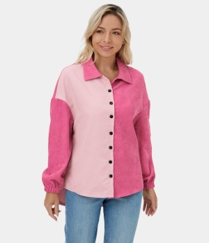Halara Color Block Collared Button High Low Corduroy Casual Jacket Women's Tops Pink Lemonade | LGZKEHO-94