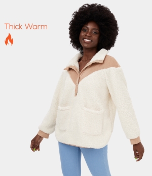 Halara Color Block Collared Button Side Pocket Split Hem Casual Fleece Teddy Jacket Women's Tops White Alyssum | HOQCMKW-23