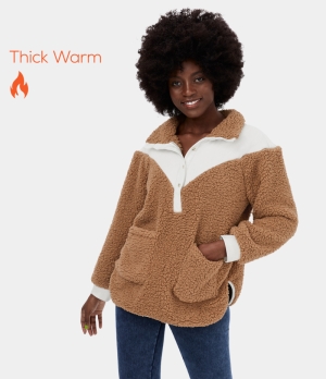 Halara Color Block Collared Button Side Pocket Split Hem Casual Fleece Teddy Jacket Women's Tops Cinnamon Swirl | JQYCMBX-87