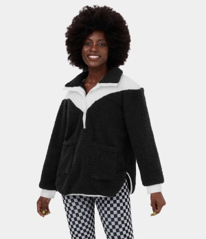 Halara Color Block Collared Button Side Pocket Split Hem Casual Fleece Teddy Jacket Women's Tops Black | VGSQTPI-39