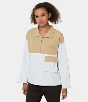 Halara Color Block Collared Half Zip Long Sleeve Pocket Casual Women's Tops White | PENZYGU-20