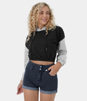 Halara Color Block Hooded Drawstring Cropped Casual Sports Sweatshirt Women's Tops Black | LQNVZCF-03