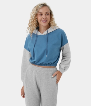 Halara Color Block Hooded Drawstring Cropped Casual Sports Sweatshirt Women's Tops Lichen Blue | UVFTDJW-76