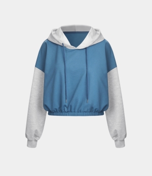 Halara Color Block Hooded Drawstring Cropped Casual Sports Sweatshirt Women's Tops Lichen Blue | YPTEGWL-27