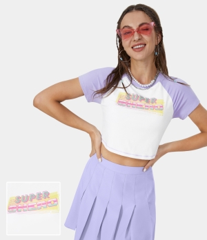 Halara Color Block Letter Print Cropped Casual T-Shirt Women's Tops White | YZPVIBJ-62