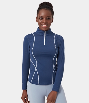 Halara Color Block Mock Neck Half Zip Long Sleeve Sports Sweatshirt Women's Tops Ocean Blue | MLYZJXD-60