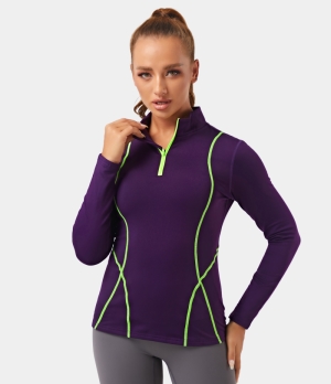 Halara Color Block Mock Neck Half Zip Long Sleeve Sports Sweatshirt Women's Tops Berry Red | WBDEGUA-31