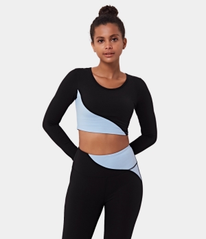 Halara Color Block Round Neck Long Sleeve Cropped Sports Women's Tops Carolina Blue | UELSWXN-41