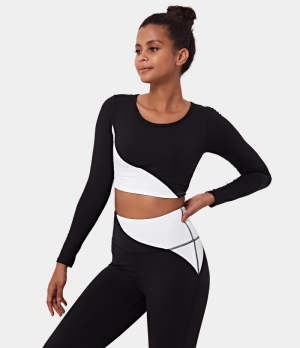 Halara Color Block Round Neck Long Sleeve Cropped Sports Women's Tops White | XHJQFAE-52