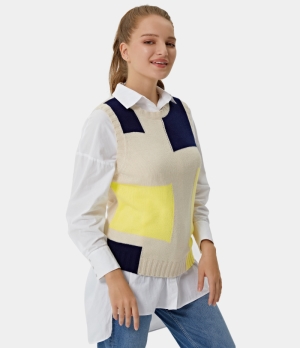 Halara Color Block Sleeveless Knit Tank Women's Tops Light Beige | KPHQXSJ-52