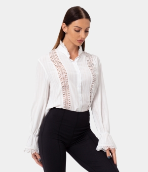 Halara Contrast Lace Cut Out Blouse Women's Tops White | UZBSLTY-95