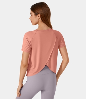 Halara Contrast Mesh Split Hem Barre Ballet Dance Sports Women's Tops Coral Cloud | ENOJQCS-72