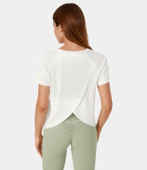 Halara Contrast Mesh Split Hem Barre Ballet Dance Sports Women's Tops White | ITJCLAY-97