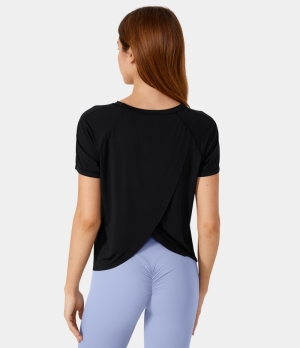 Halara Contrast Mesh Split Hem Barre Ballet Dance Sports Women's Tops Black | NSDZMPV-27