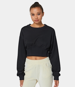 Halara Corset Plain Cropped Sweatshirt Women's Tops Black | FBZKPTG-61
