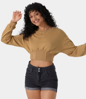 Halara Corset Plain Cropped Sweatshirt Women's Tops Mustard Brown | QNWYTRF-79