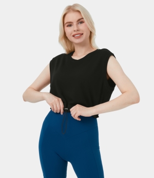 Halara Crew Neck Drawstring Hem Cropped Casual Tank Women's Tops Black | OBCZFTH-14