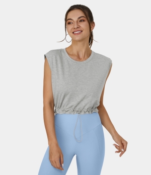 Halara Crew Neck Drawstring Hem Cropped Casual Tank Women's Tops Porcelain White | ZSGRBKI-31