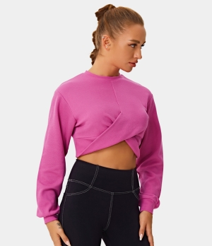 Halara Crew Neck Long Sleeve Crossover Hem Cropped Women's Tops Orchid | BOHGQMY-35