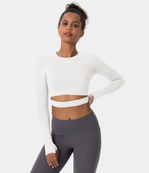 Halara Crew Neck Thumb Hole Cut Out Cropped Sports Women's Tops White | AQRTHJC-72