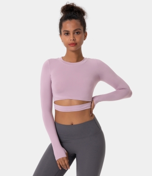 Halara Crew Neck Thumb Hole Cut Out Cropped Sports Women's Tops Lilac Purple | OAJHNVF-85