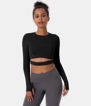 Halara Crew Neck Thumb Hole Cut Out Cropped Sports Women's Tops Black | PDOYGUF-56