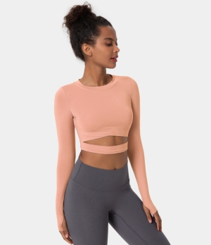 Halara Crew Neck Thumb Hole Cut Out Cropped Sports Women's Tops Pastel Red | XNRLGZD-61