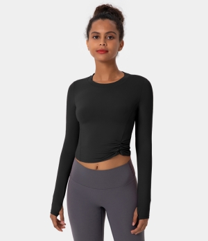 Halara Crew Neck Thumb Hole Side Ruched Cropped Sports Women's Tops Black | NLEPWSO-29