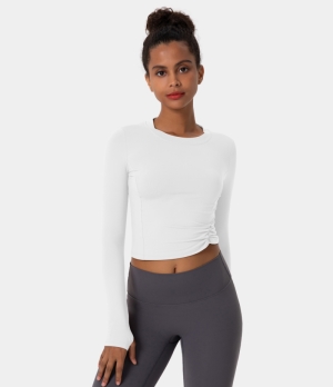 Halara Crew Neck Thumb Hole Side Ruched Cropped Sports Women's Tops White | XZMJCWL-12