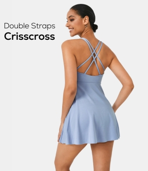 Halara Crisscross 2-Piece Set Side Pocket Flared Sports Women's Dress Light Baby Blue | 146380-VHC