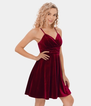 Halara Crisscross Adjustable Strap Ruched Velvet Flare Mini Casual Women's Dress Wine Red | 142867-CLJ