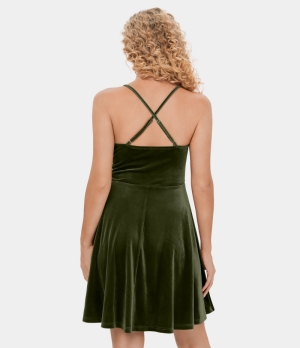 Halara Crisscross Adjustable Strap Ruched Velvet Flare Mini Casual Women's Dress Rifle Green | 649802-FXZ