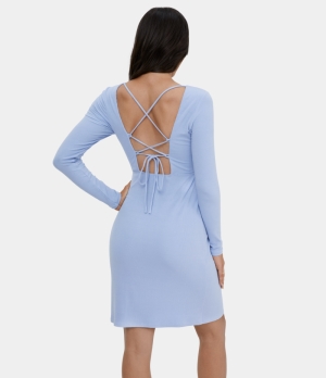 Halara Crisscross Lace Up Side Split Midi Casual Women's Dress Light Baby Blue | 046583-GTN