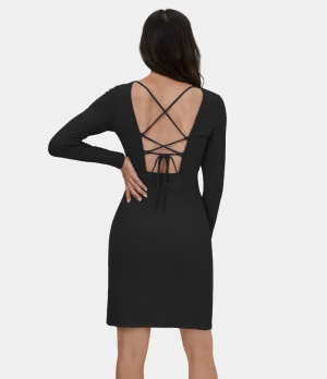 Halara Crisscross Lace Up Side Split Midi Casual Women's Dress Black | 826154-AWN
