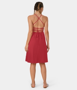 Halara Crisscross Tie Back Ruched Casual Midi Women's Dress Equestrian Red | 476531-KDH