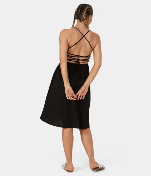 Halara Crisscross Tie Back Ruched Casual Midi Women's Dress Black | 562714-FDQ