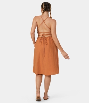 Halara Crisscross Tie Back Ruched Casual Midi Women's Dress Orange Rust | 639854-HTR