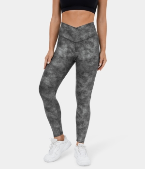 Halara Crossover Back Pocket Stretchy Crackle Yoga 7/8 Women's Leggings Metallic Black | 932658-TZO