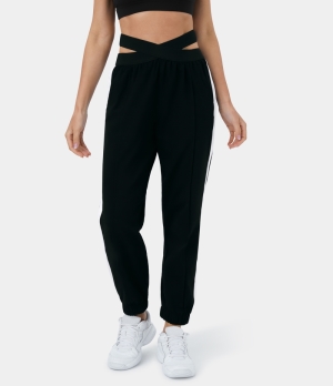 Halara Crossover Cut Out Side Pocket Color Block Casual Women's Jogger Black | 462813-PAN