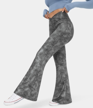 Halara Crossover High Waisted Back Pocket Stretchy Crackle Super Flare Women's Leggings Metallic Black | 596341-HQI