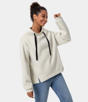 Halara Crossover Neck Split Hem Drawstring Sweatshirt Women's Tops Pale Birch | WODSXBN-91