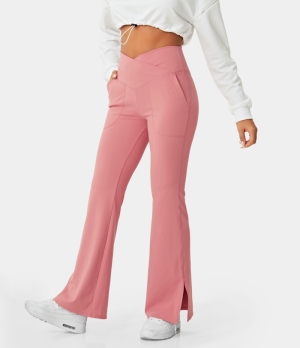 Halara Crossover Pocket Split Hem Full Length Flare-Smile Women's Leggings Pink Icing | 018623-DQZ