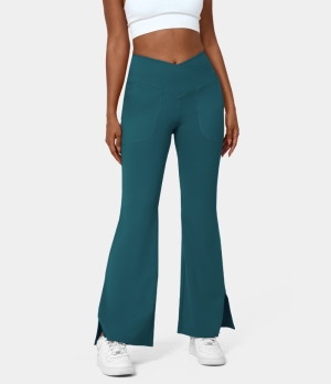 Halara Crossover Pocket Split Hem Full Length Flare-Smile Women's Leggings Aegean Blue | 054283-EXL