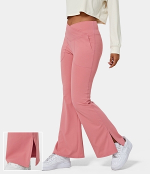 Halara Crossover Pocket Split Hem Full Length Flare-Smile Women's Leggings Pink Icing | 095316-QWN