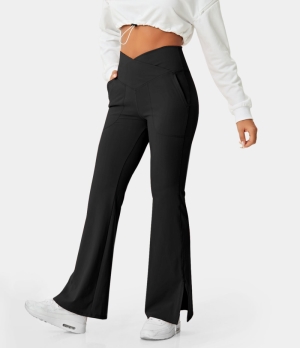 Halara Crossover Pocket Split Hem Full Length Flare-Smile Women's Leggings Black | 148320-RXU