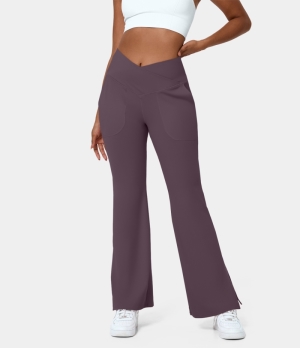 Halara Crossover Pocket Split Hem Full Length Flare-Smile Women's Leggings Plum Perfect | 154263-LIJ