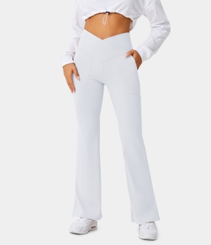 Halara Crossover Pocket Split Hem Full Length Flare-Smile Women's Leggings White | 315274-IRB